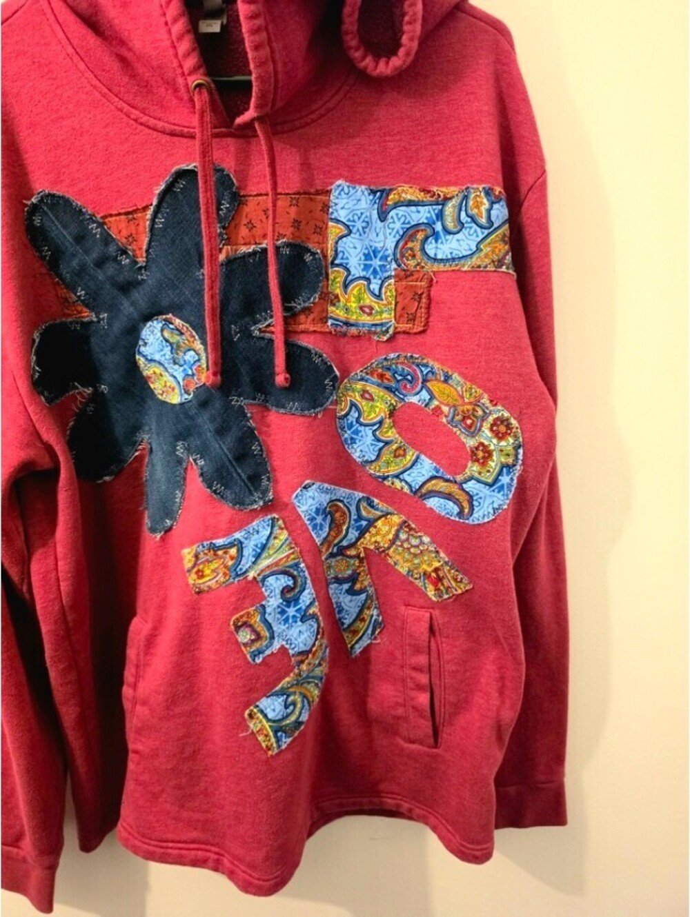 Next Level XXL Upcycled Red Hoodie Denim Flower LOVE Appliqué Wearable Art